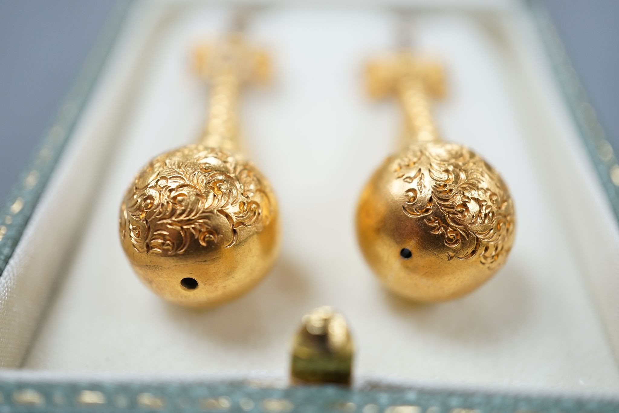 A pair of yellow metal drop earrings, 43mm